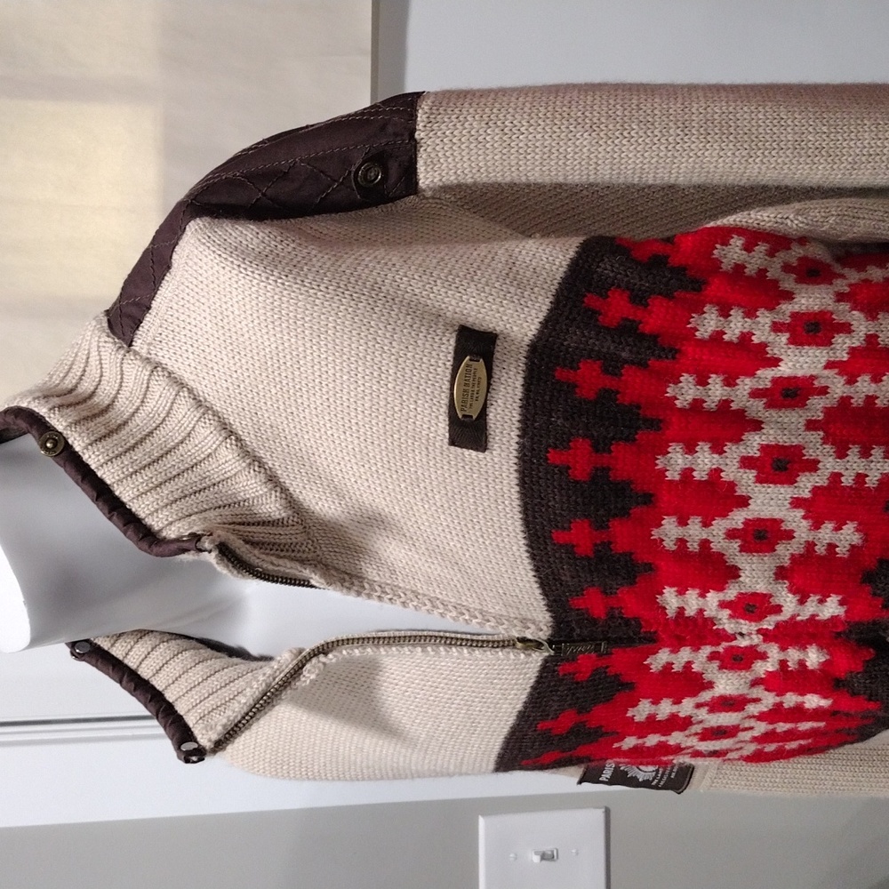 Parish Nation cream, brown and red wool blend zip cardigan. 4 XL